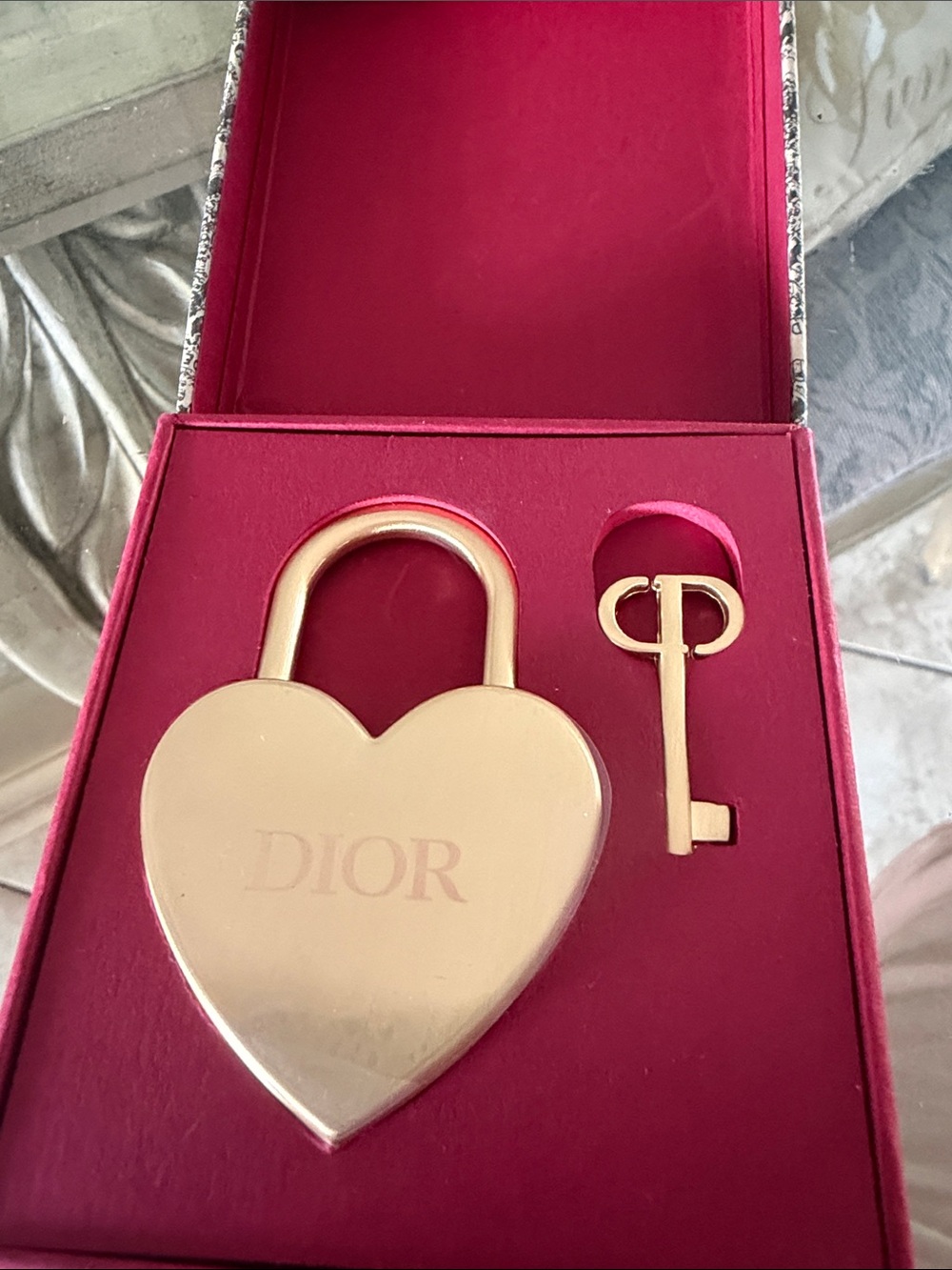 Gift with Purchase Dior Gold Heart Padlock & Key Set on Red Box